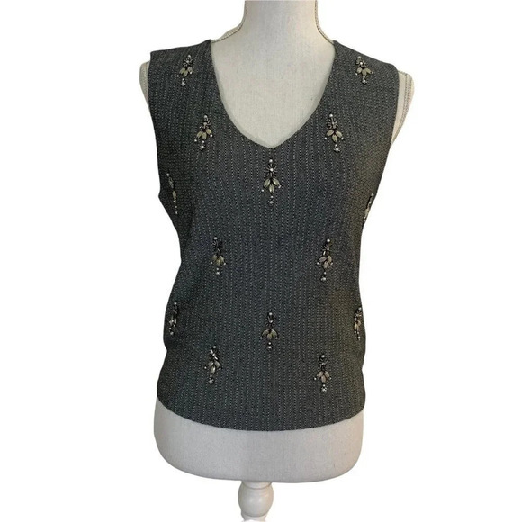 Chelsea28 Beaded Tank Top Blouse Small Gray Silver Zig Zag Stripes V Neck Bling - Picture 1 of 8